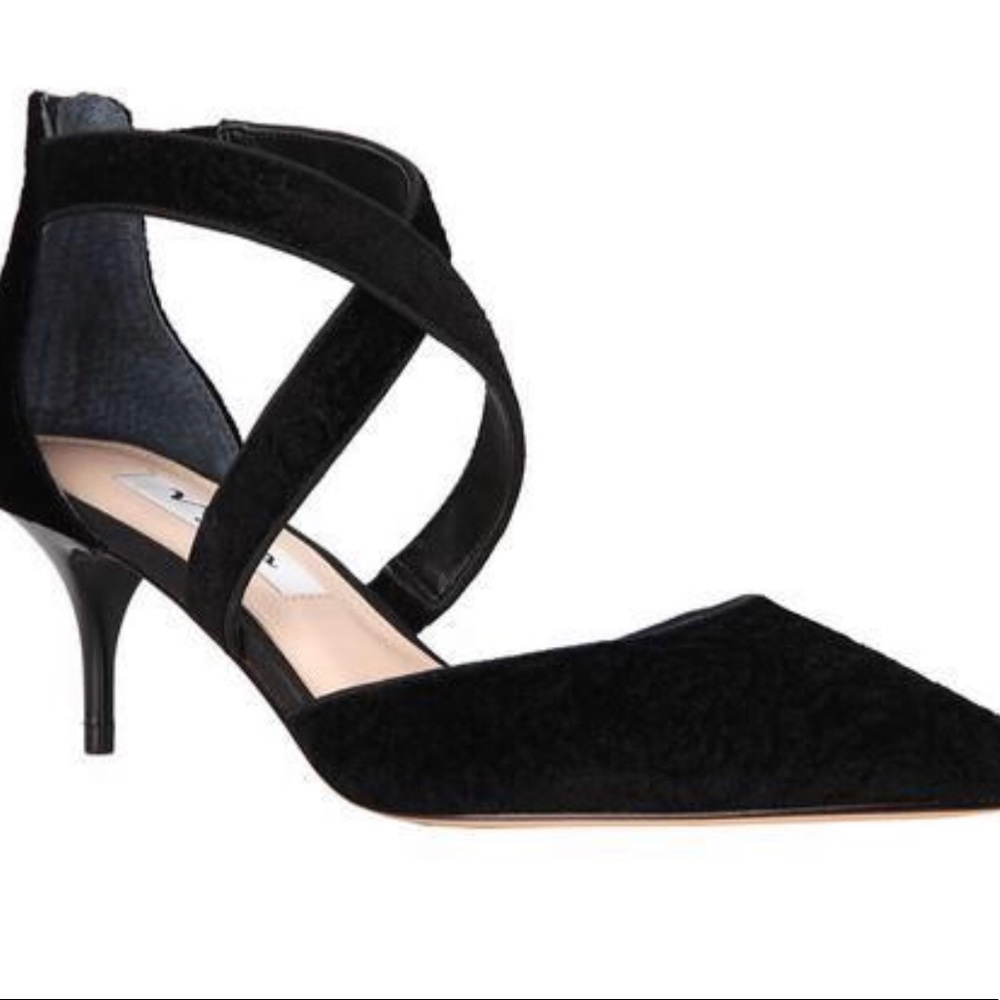 Nina Black Suede Pointed-Toe Crisscross Kitten Heels